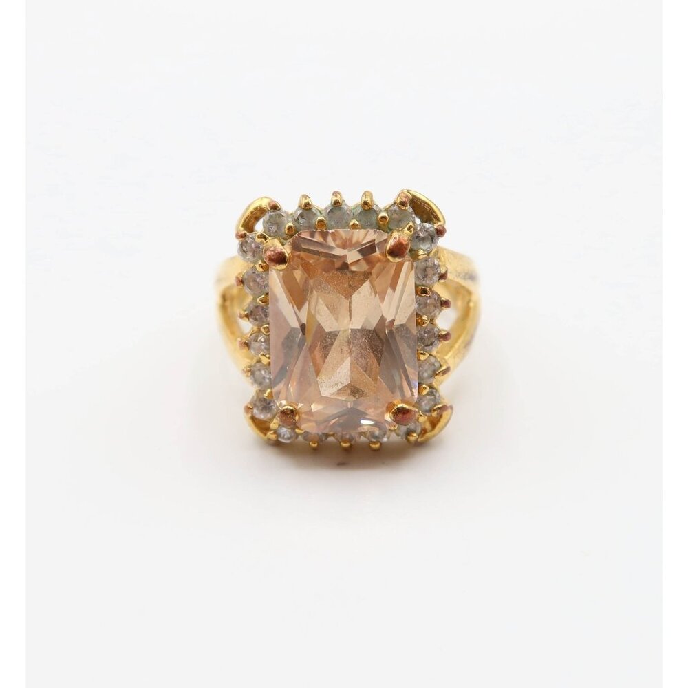 Pink Faceted Glass & Clear Rhinestone Cocktail Statement Gold Tone Ring Size 8